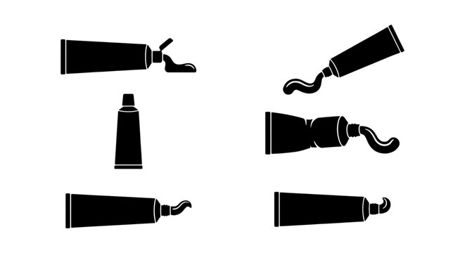 Black Silhouette Set of Toothpaste Tubes with Squeezed Paste and Dental Care Product Icons