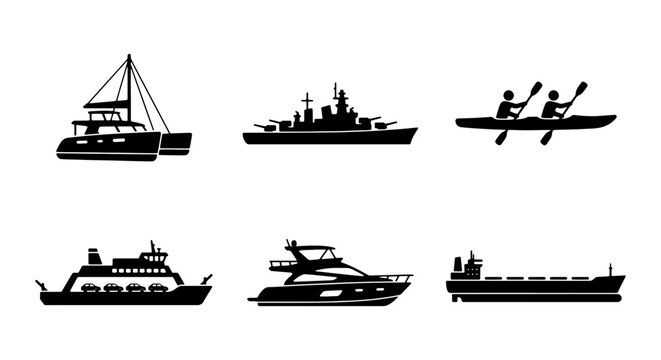 Nautical Vessel Silhouette Set - Elegant Boat Icons including Catamaran, Battleship, Kayak, Ferry, Luxury Yacht, and Bulk Carrier Vector Illustrations