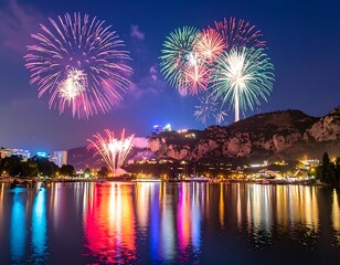 Fototapeta premium Fireworks Display Over Water at Night.