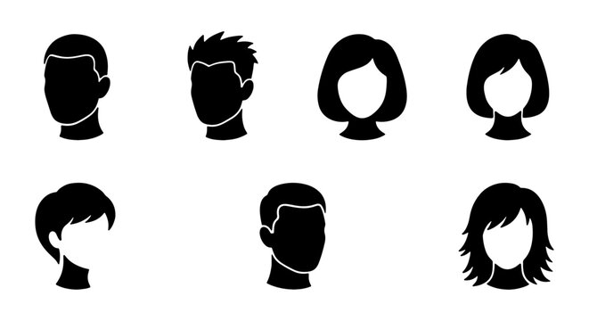Set of Faceless People Avatar Silhouette Icons - Diverse Male and Female Hairstyles and Head Shapes