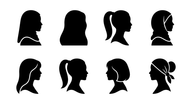 Diverse Woman Profile Silhouette Icons Set - Hijab, Ponytail, Bob, and Long Hairstyle Avatars for Fashion and Beauty Branding