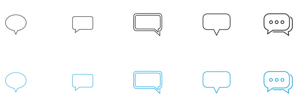 Collection of various speech bubbles and chat boxes in black and blue on isolated white background for communication design