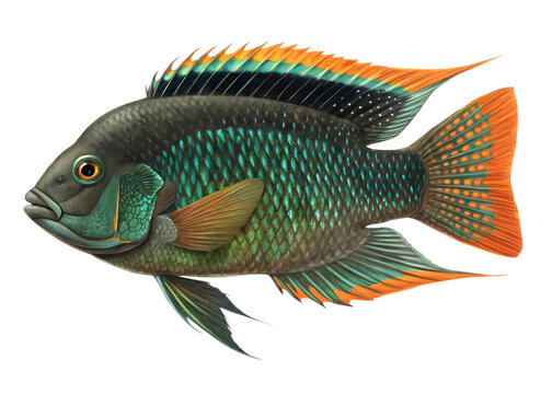 Colorful jack dempsey cichlid fish swimming isolated on transparent background