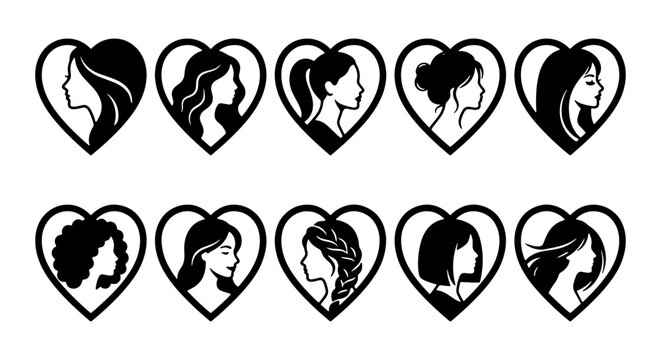 Beautiful Woman Profile Silhouettes in Heart Frames - Elegant Female Hairstyles for Beauty Salon and Fashion Logos
