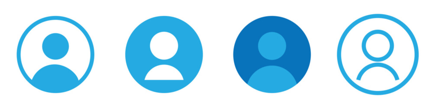 A set of four blue user icon graphics in various shades and styles on a white background