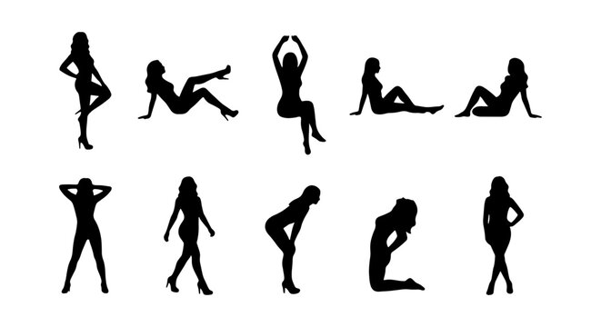 Pin-Up Women Silhouette Set, Fashion Model Poses and Body Figures