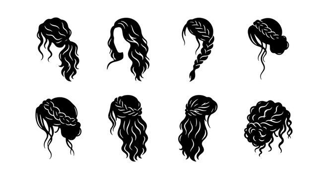 Elegant female hairstyles collection, set of 8 black vector hair silhouettes, feminine bridal braids and wavy updos for beauty salon branding