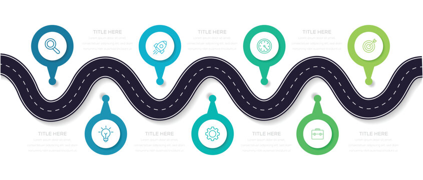 Business road map timeline infographic design with 7 steps.
