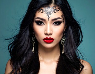 Fototapeta premium Portrait of an Asian woman with elaborate eye makeup and a decorative forehead design, bold red lipstick. She has long, flowing dark hair and is wearing ornate earrings