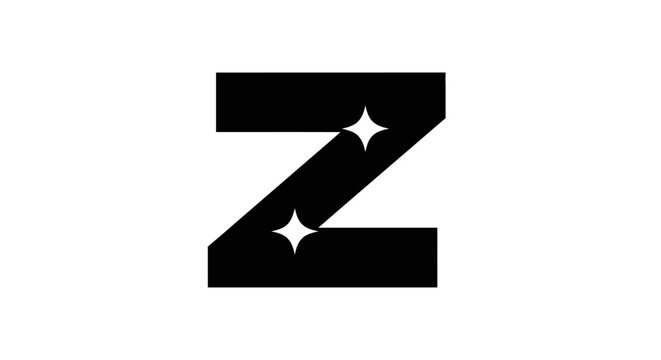 Bold black letter z with sparkling star accents on a clean white background