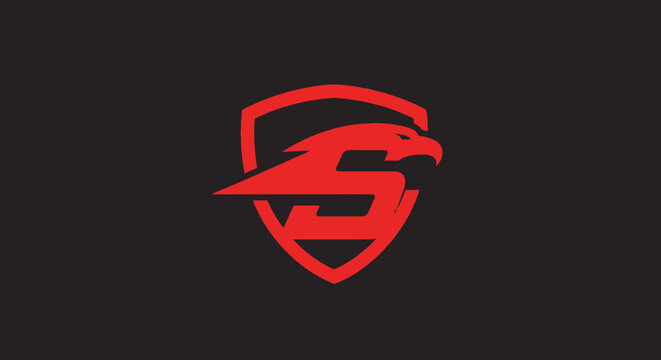 Bold red eagle graphic on shield for branding and security purposes