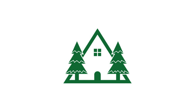Cabin symbol amidst pine trees a conceptual logo for nature and home