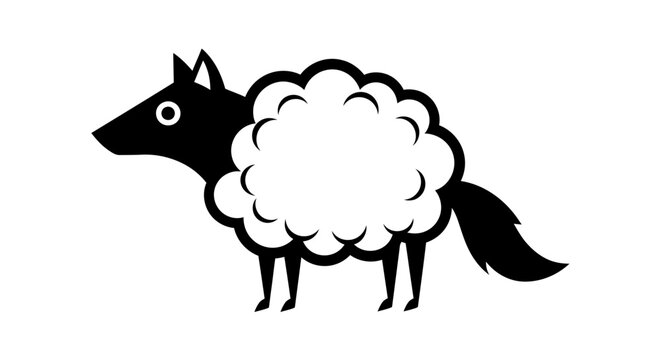 Conceptual illustration of a wolf in sheeps clothing against a white background
