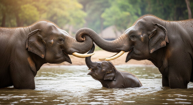 Elephants, swimming, playful family, gray animals, water fun, wildlife scene