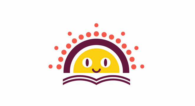 Cute smiling sun character rising from an open book logo