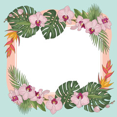 Fototapeta premium Beautiful floral frame with orchids, monstera leaves, and tropical flowers for design.