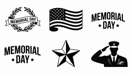 Collection of vintage style memorial day graphics featuring american flag wreath saluting soldier and star emblem for patriotic celebrations and commemorations © Sharmistha