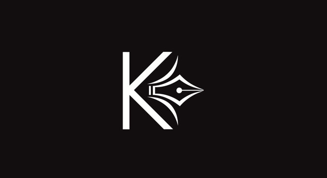 Elegant letter k and pen nib logo design on black background