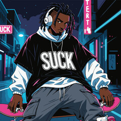 vector illustration of a young black man skateboarding © AtayaAufa