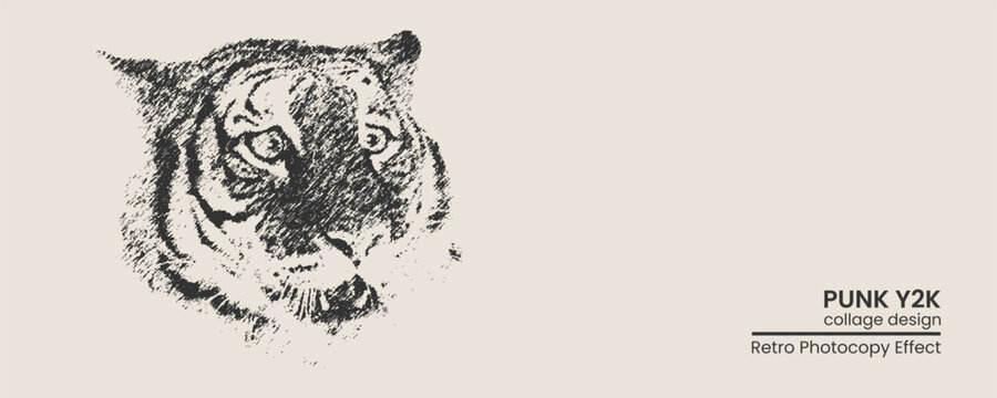 Tiger head sketch in punk y2k collage design style with retro photocopy effect gritty black and white animal portrait illustration