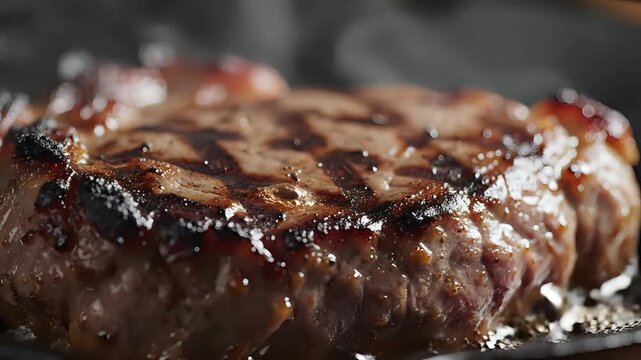 Juicy Grilled Steak Sizzling with Smoke and Char Marks CloseUp.