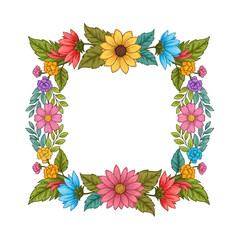 Fototapeta premium Colorful floral frame with various flowers and green leaves on white background.