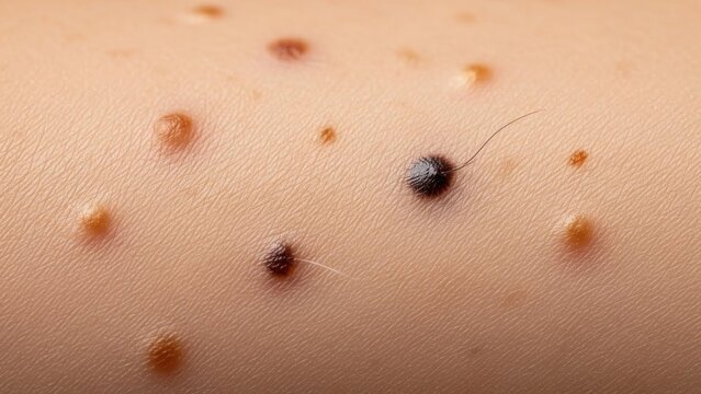 A close-up image of a person's skin with numerous small, raised bumps and moles of various sizes and colors