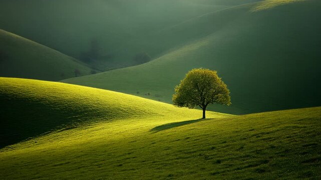 Radiant Hill of Hope: A Lone Tree on Green Meadows with Passing Cloud Shadows
