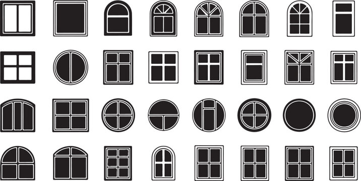 A collection of various black and white window and architectural element icons on white background. Window and architectural element icon vector illustration.