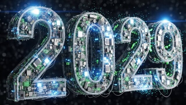 A futuristic depiction of the year 2029 in large, circuit-like numbers