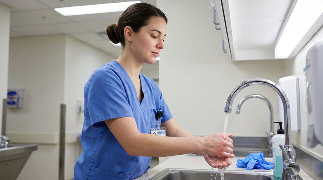 Nurse washing hands at sink in hospital with focus on hygiene  