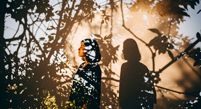 Double exposure portrait of woman with leaf shadows