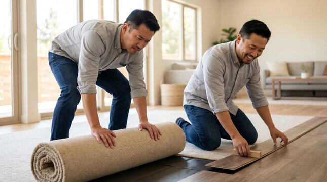 Men Installing LVP Planks And Carpet