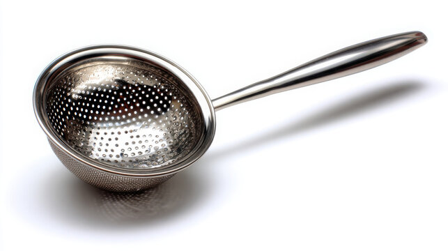 Stainless steel tea strainer with long handle isolated on white background