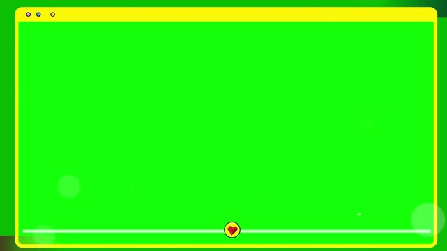 A vibrant green screen background is framed by a bold yellow border on top and sides, a red border at the bottom featuring floating white stars a red heart icon and subtle UI elements like a battery a