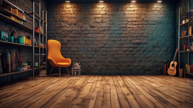 Orange chair against brick wall with bookshelves and guitar wooden floor