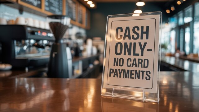 Cash Only sign on a wooden counter in a modern coffee shop