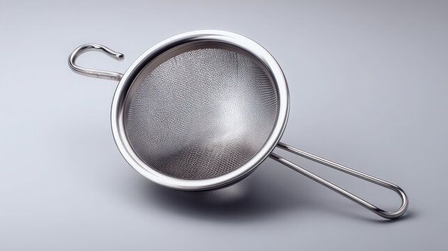 Stainless steel fine mesh strainer with two handles on gray background