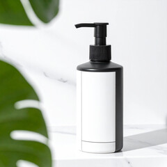 Obraz premium Black Pump Bottle Mockup with Blank Label on Marble