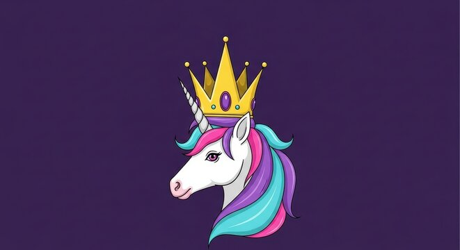 Majestic Unicorn with Golden Crown on Purple Background.