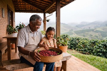 Obraz premium Happy grandfather and granddaughter sorting ripe red coffee cherries on a plantation porch