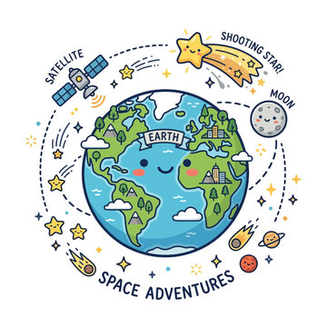 A smiling Earth with a face surrounded by celestial objects in space