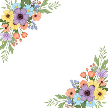 Colorful floral corner arrangements with various flowers and green leaves on white background.