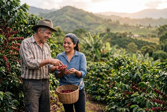 Happy Senior Farmer and Young Woman Harvesting Ripe Red Coffee Cherries on a Hillside Plantation at Sunset