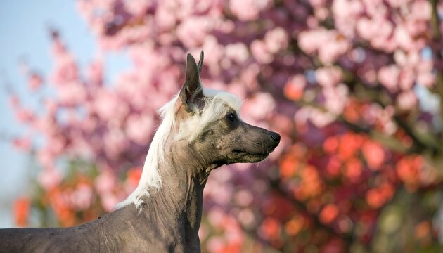 Profile shot of a partially hairless dog with erect ears, against a blurred backdrop of vibrant pink and red blossoms