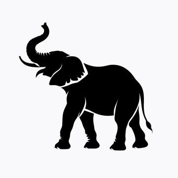 Elephant silhouette vector icon, majestic african elephant with raised trunk, black animal profile isolated on white background, wildlife mascot graphic