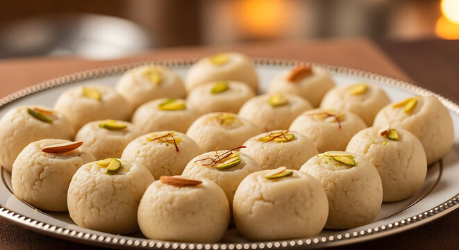 A plate of traditional Indian sweets, peda, is beautifully arranged and garnished with nuts.