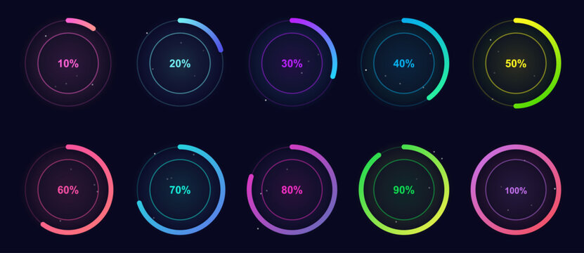 Set of neon circular progress bars with percentage indicators and glowing gradient ui elements for dashboard data visualization and digital interface design