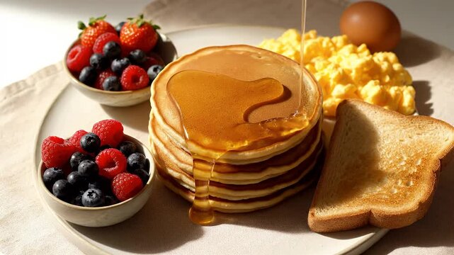 A stack of pancakes with syrup being poured on top surrounded by scrambled eggs toast and mixed berries on a plate indoors