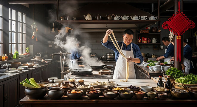 Chef skillfully stretches noodle dough in a traditional Asian kitchen filled with steaming pots and fresh ingredients.